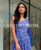 Royal Blue Feather Blue One Shoulder Prom Dress