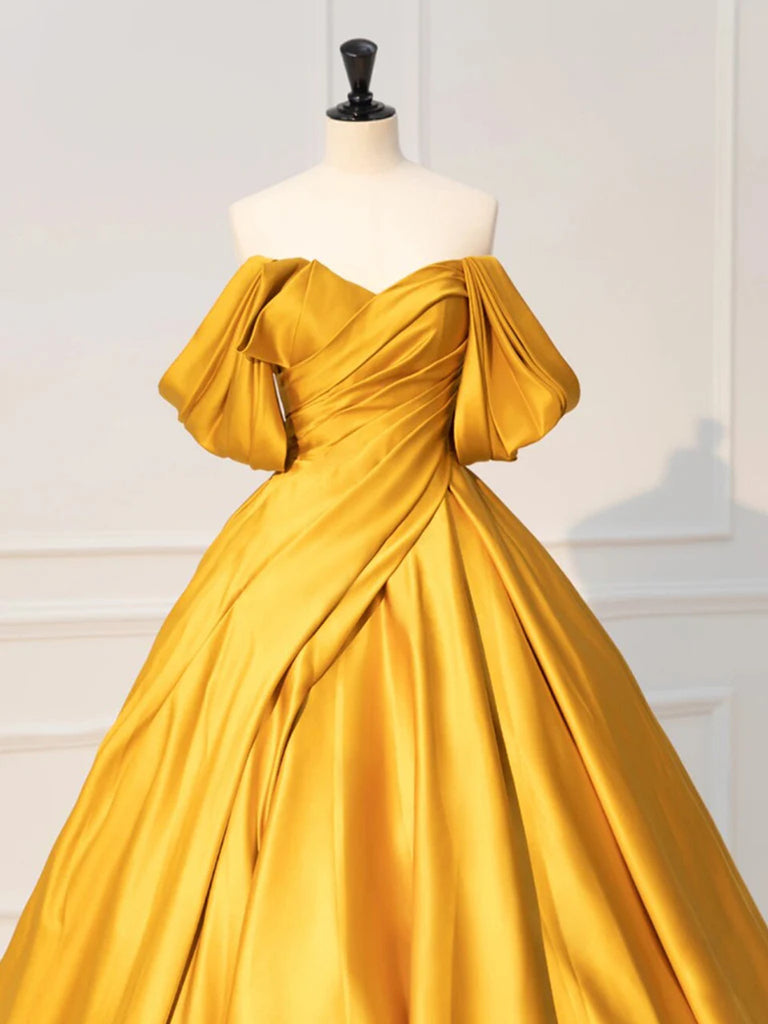 Off The Shoulder Yellow Satin Long Prom Dresses, Off Shoulder Yellow Long Formal Evening Dresses, US 2 / Custom Color / No Rush Off The Shoulder Yellow Satin Long Prom Dresses, Off Shoulder Yellow Long Formal Evening Dresses, US 2 / Custom Color / No Rush