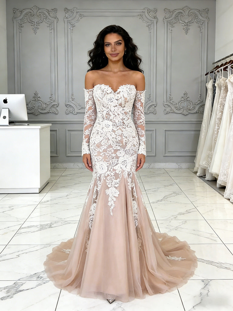 long sleeve champagne mermaid dress Long Sleeve Trumpet Mermaid Champagne Tulle Wedding Dress US6 / As the picture