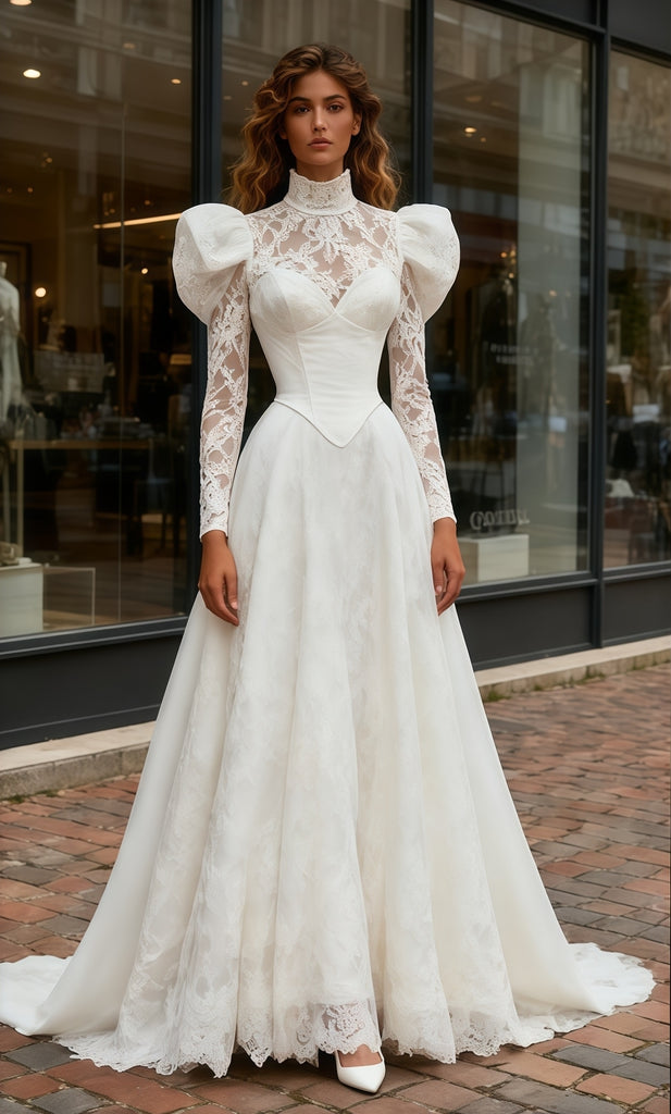 High Neck Corset Long Sleeves Vintage Puffy Sleeve Wedding Dress US4 / As the picture
