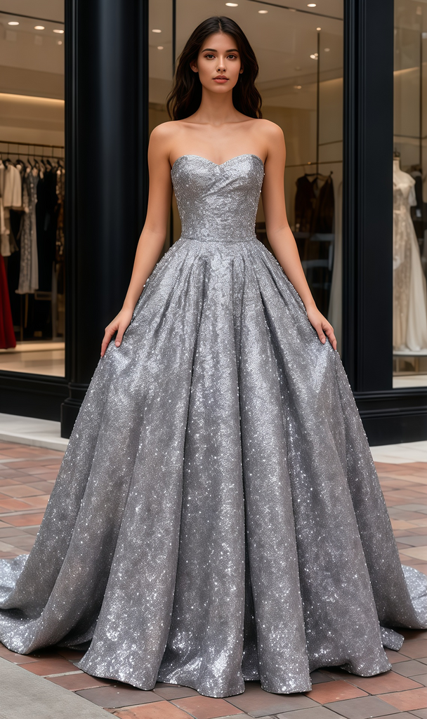 silver sequin a line dress Off-shoulder pleated A-line dress with radial silver sequin panels Multicolor / US 12