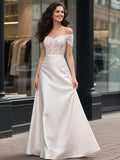 Lace Satin A Line Off The Shoulder Wedding Dress