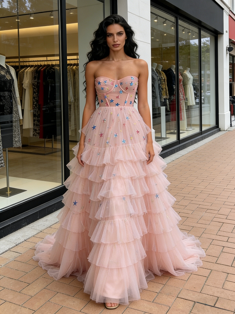 pink star prom dress Spaghetti Straps Tea Length Pearl Pink Prom Dress With Stars TP0860 US16 / Custom Color