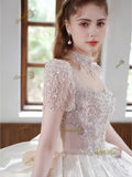 Satin High Neck Short Sleeve Crystal Ball Gown Wedding Dress