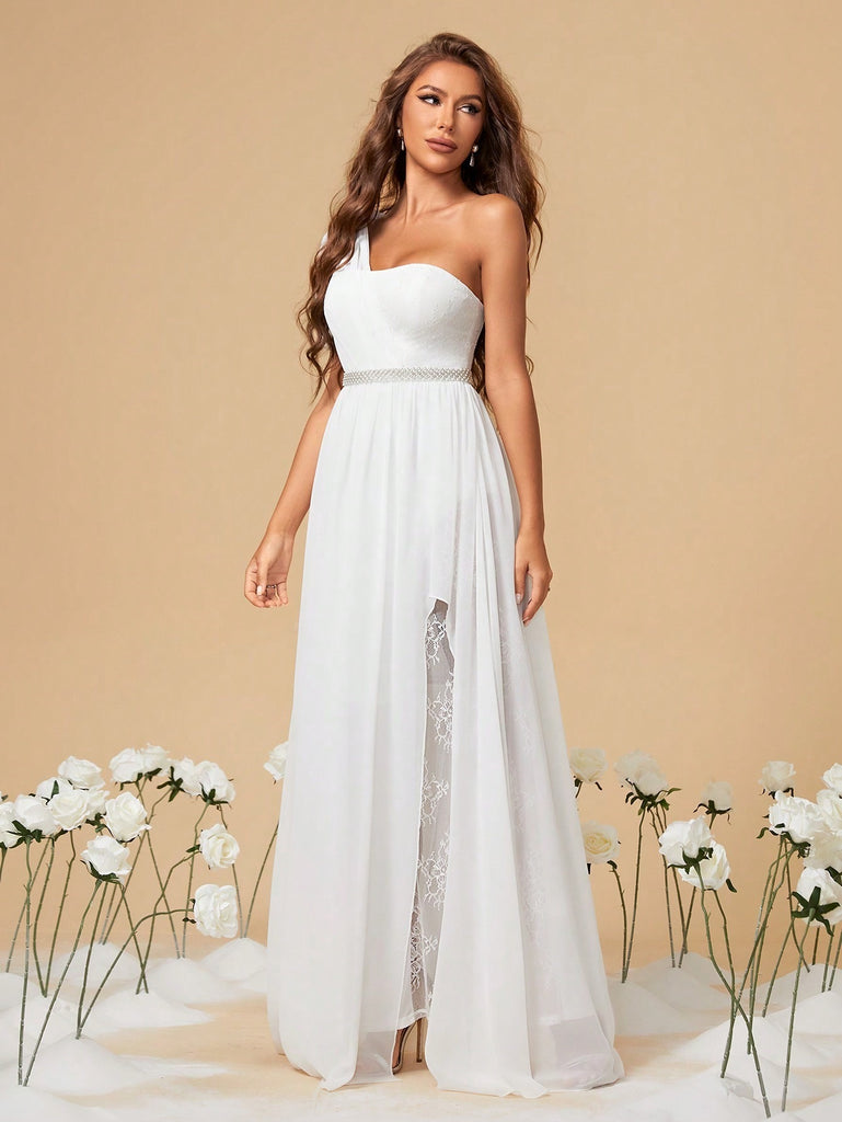 Chiffon Pearl Belt One Shoulder Wedding Dress With Slit Sassymyprom Chiffon Pearl Belt One Shoulder Wedding Dress With Slit Sassymyprom