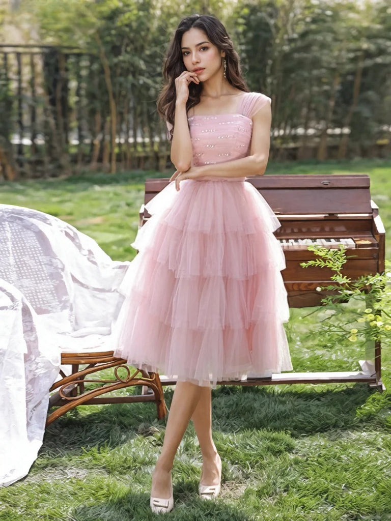 Straps Ruffles Knee Length Sparke Pink Homecoming Dress Straps Ruffles Knee Length Sparke Pink Homecoming Dress