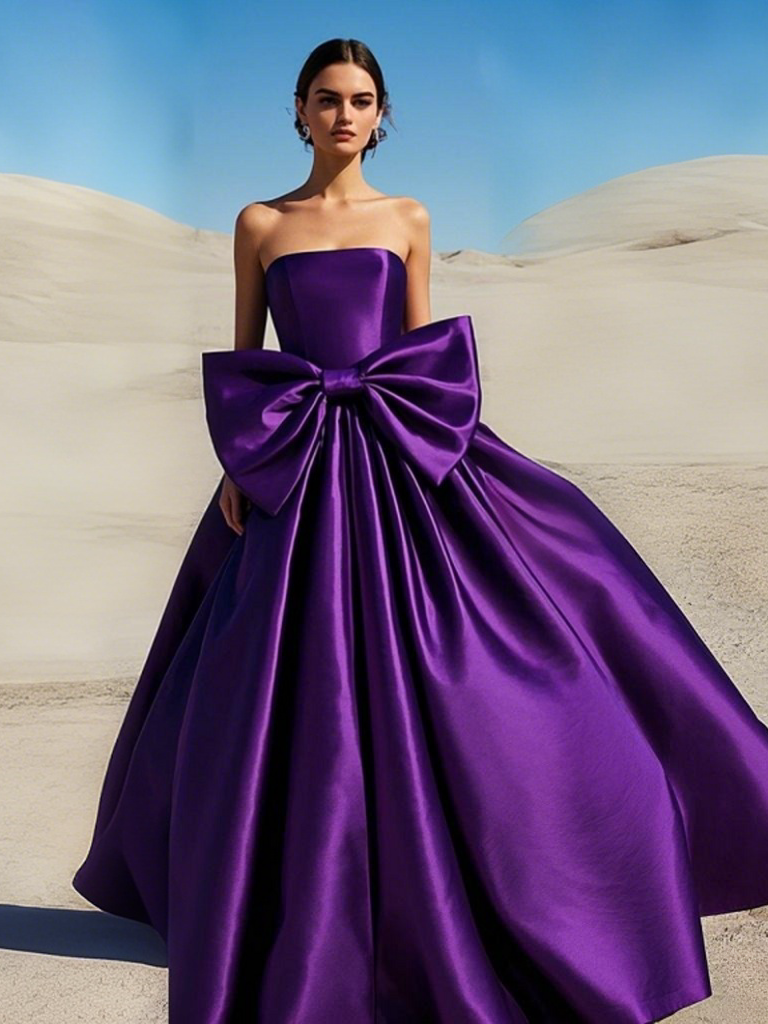 Strapless Satin A Line Bow Grape Purple Prom Dress Strapless Satin A Line Bow Grape Purple Prom Dress