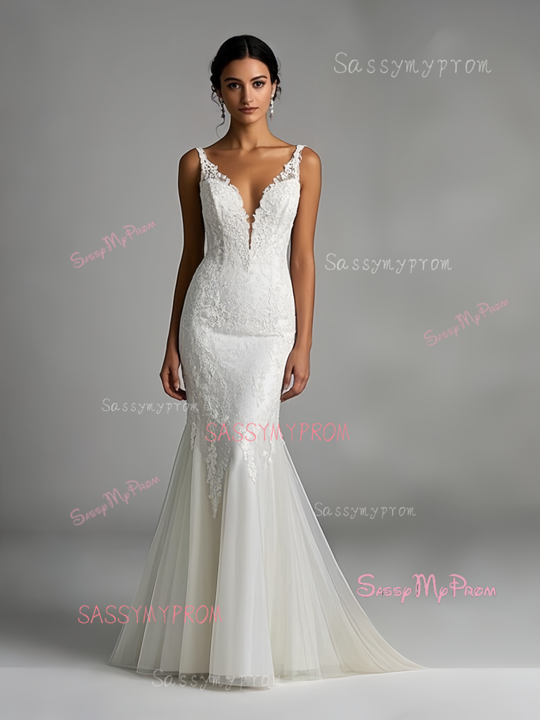Trumpet Mermaid Deep V Neck Lace Wedding Dress – Sassymyprom