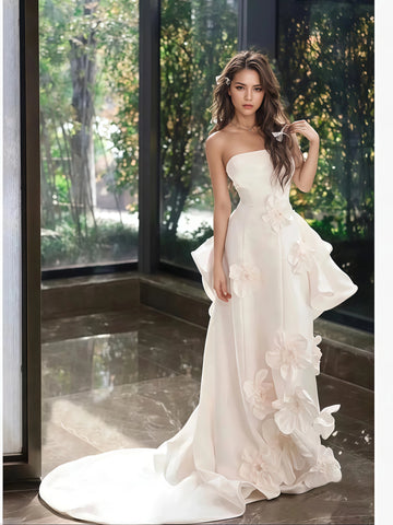 Satin Sweetheart White Flower A Line Wedding Dress