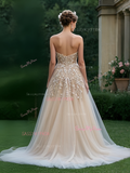 A Line Appliques Sweetheart Champagne Tulle Prom Dress