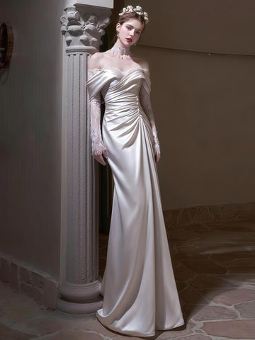 Long Sleeves Trumpet Mermaid Lace Satin Wedding Dress
