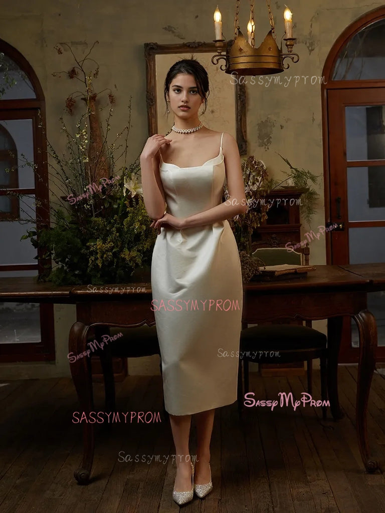 Sheath/Column Ruched Spaghetti Straps Satin Dresses with Slit Gold