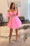 2023 Off Shoulder Pink Short Puffy Sleeve Homecoming Dress