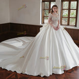 Satin High Neck Short Sleeve Crystal Ball Gown Wedding Dress