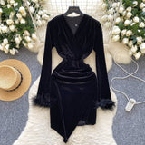 Green Unique Feather Cuff Velvet Long-Sleeve Dress