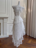 White Lace High Low Beading Prom Party Dress