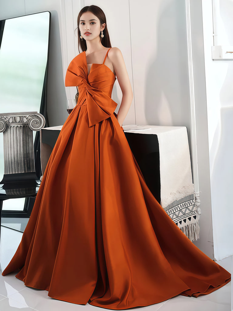 Satin Ruched A Line Bow Orange Spaghetti Straps Prom Dress Sassymyprom Satin Ruched A Line Bow Orange Spaghetti Straps Prom Dress Sassymyprom