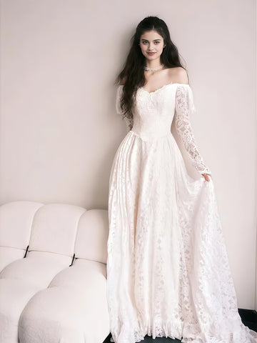 Lace Off The Shoulder Long Sleeve A Line Wedding Dress