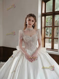 Satin High Neck Short Sleeve Crystal Ball Gown Wedding Dress