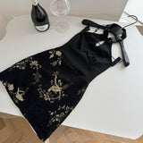 Black Hollow Print Short Mini Causal Dress