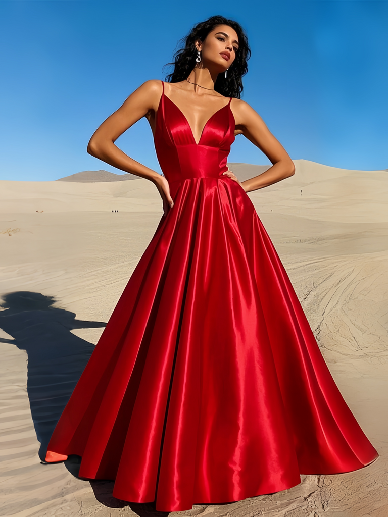 Satin A Line Red Deep V Neck Prom Dress Sassymyprom Satin A Line Red Deep V Neck Prom Dress Sassymyprom