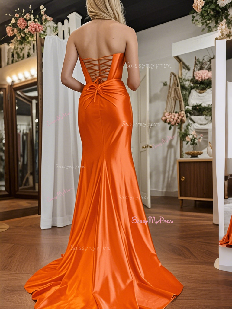 open lace back dress Shiny Orange Mermaid V-neck Lace Prom Dresses With Slit, Party Dress, MP808