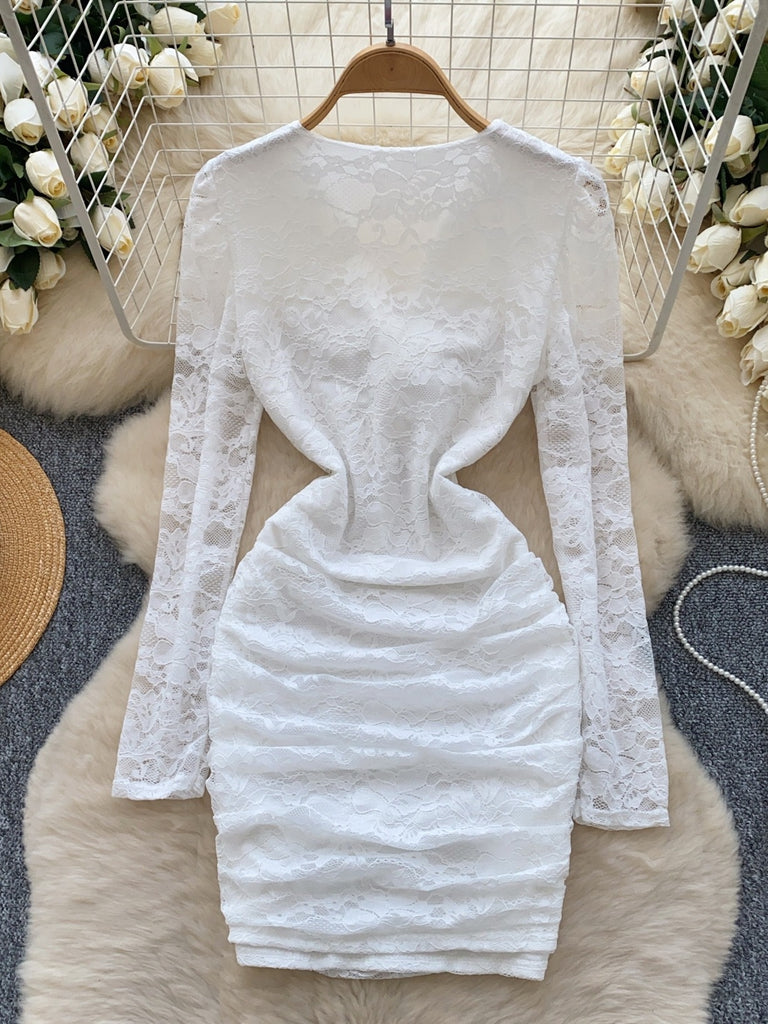 Timeless Black Long Sleeve Bodycon Lace Dress M / White