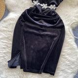 Halter Black Crystal Velvet Midi Dress