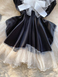 V Neck White Mesh Black Satin Ruffled Dress