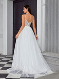 V Neck Sheer Backless Tulle A Line Wedding Dress