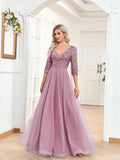 Burgundy Chiffon Half Sleeve Waist Sequin Long Dres