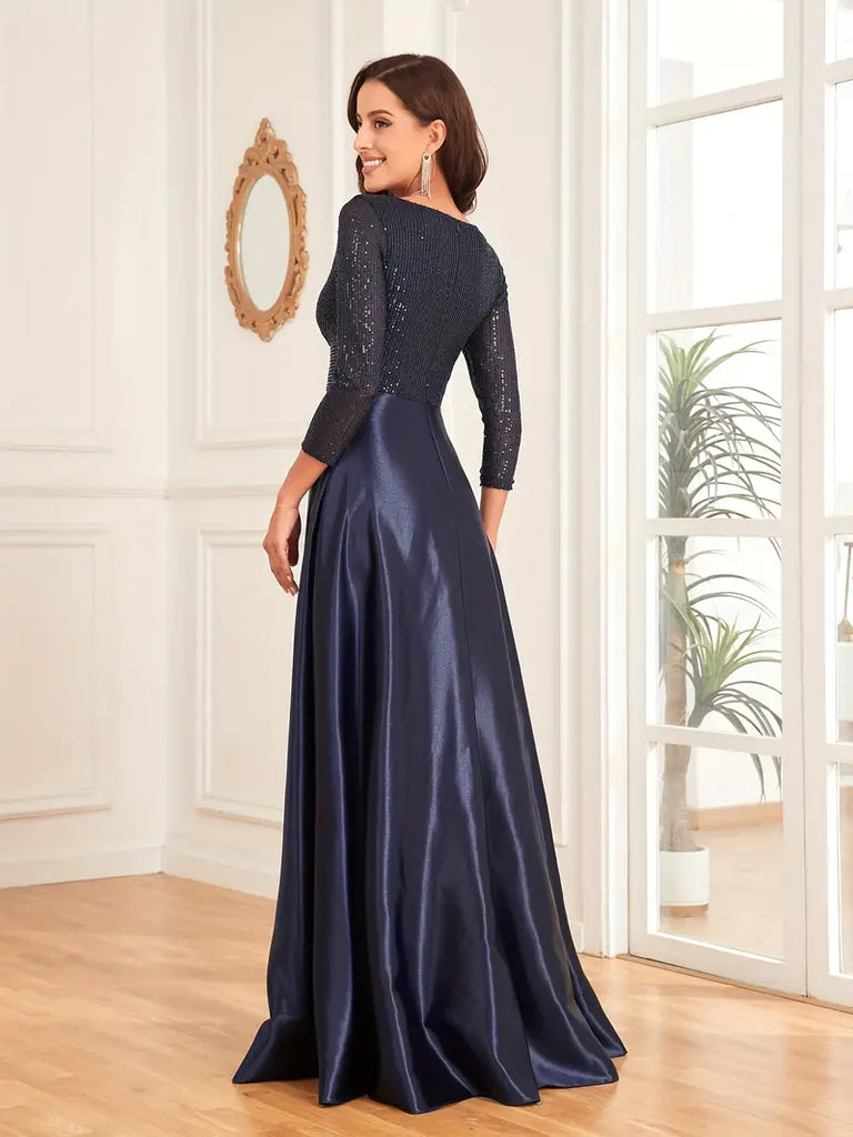 Midnight Navy Satin Bejeweled Bodice Prom Dress Midnight Navy Satin Bejeweled Bodice Prom Dress
