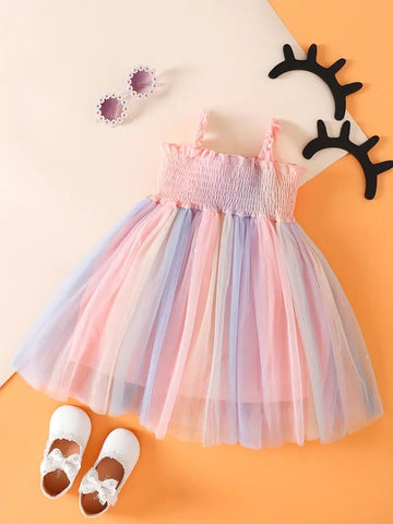 Baby Girls Casual Rainbow Thin Strap  Mesh Dress