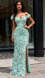 Trumpet Mermaid Flower Green Off The Shoulder Prom Dress With Slit