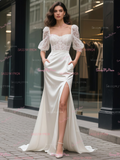 Trumpet Mermaid Lace Puffy Sleeve Satin Pockets Wedding Dress