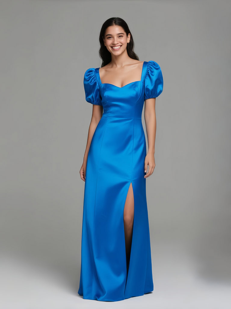 Sweetheart A Line Satin Blue Puffy Sleeve Prom Dress With Slit Sassymyprom Sweetheart A Line Satin Blue Puffy Sleeve Prom Dress With Slit Sassymyprom