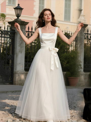 Satin & Tulle Square Belt A Line Wedding Dress