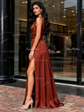 Chiffon Pleats A Line Scoop Bridesmaid Dress With Slit