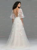 Lace Short Sleeves V Neck A Line Wedding Dress With Slit
