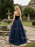 A Line Navy Shiny Tulle Velvet Corset Prom Dress