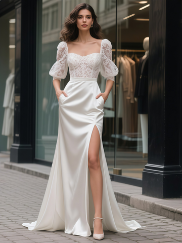 Trumpet Mermaid Lace Puffy Sleeve Satin Pockets Wedding Dress