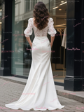 Trumpet Mermaid Lace Puffy Sleeve Satin Pockets Wedding Dress