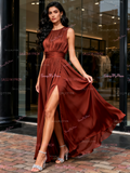 Chiffon Pleats A Line Scoop Bridesmaid Dress With Slit
