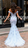Off The Shoulder Blue Flower Beading Tulle Mermaid Prom Dress