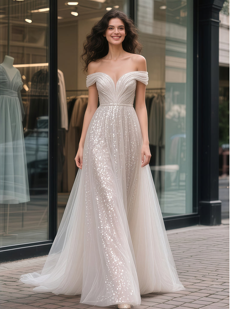 ruched trumpet wedding dress Stacees 2026 Off-the-Shoulder Long Sleeves Wedding Dress Mermaid Stretch Crepe Lace Pleated Split