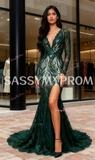 V Neck Long Sleeve Sequin Trumpet Mermaid Dark Green Prom Dress