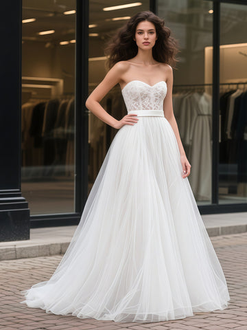 Lace A Line Tulle Sleeveless Sweetheart Wedding Dress
