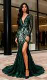 V Neck Long Sleeve Sequin Trumpet Mermaid Dark Green Prom Dress