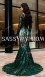 V Neck Long Sleeve Sequin Trumpet Mermaid Dark Green Prom Dress