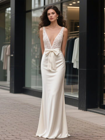 Lace Trumpet Mermaid Deep V Neck Backless Wedding Dress